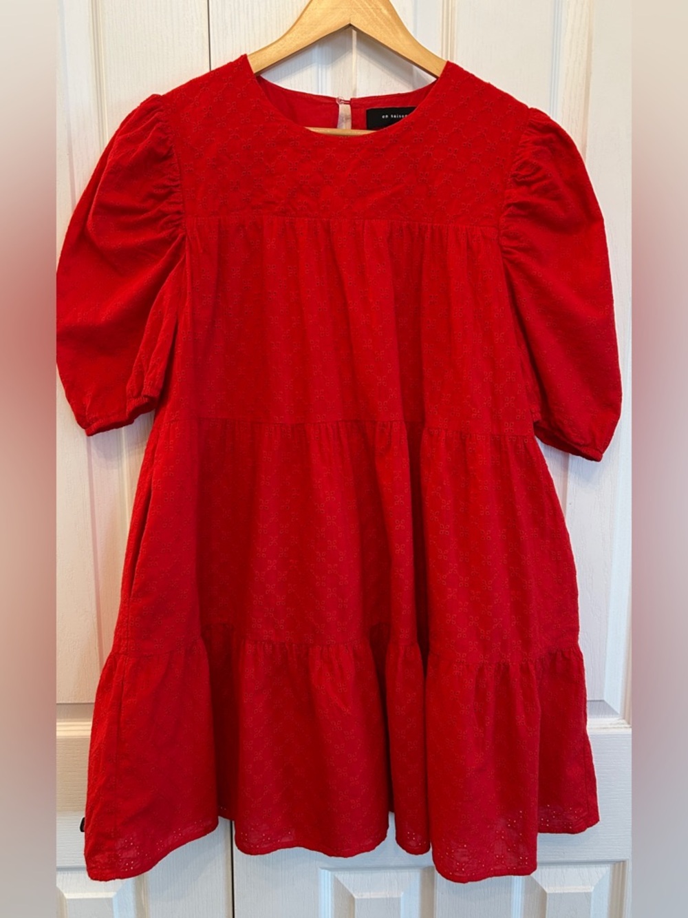 En Saison Red Eyelet Puff Sleeve Mini Dress M | Cotton Summer Style